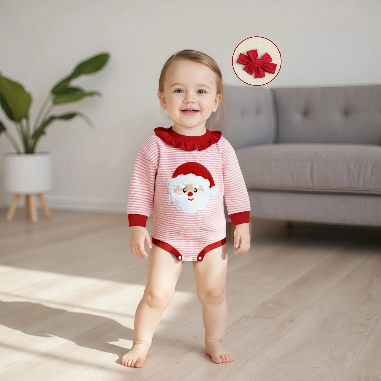 SANTA Striped Ruffle Collar Long-Sleeve Onesie
