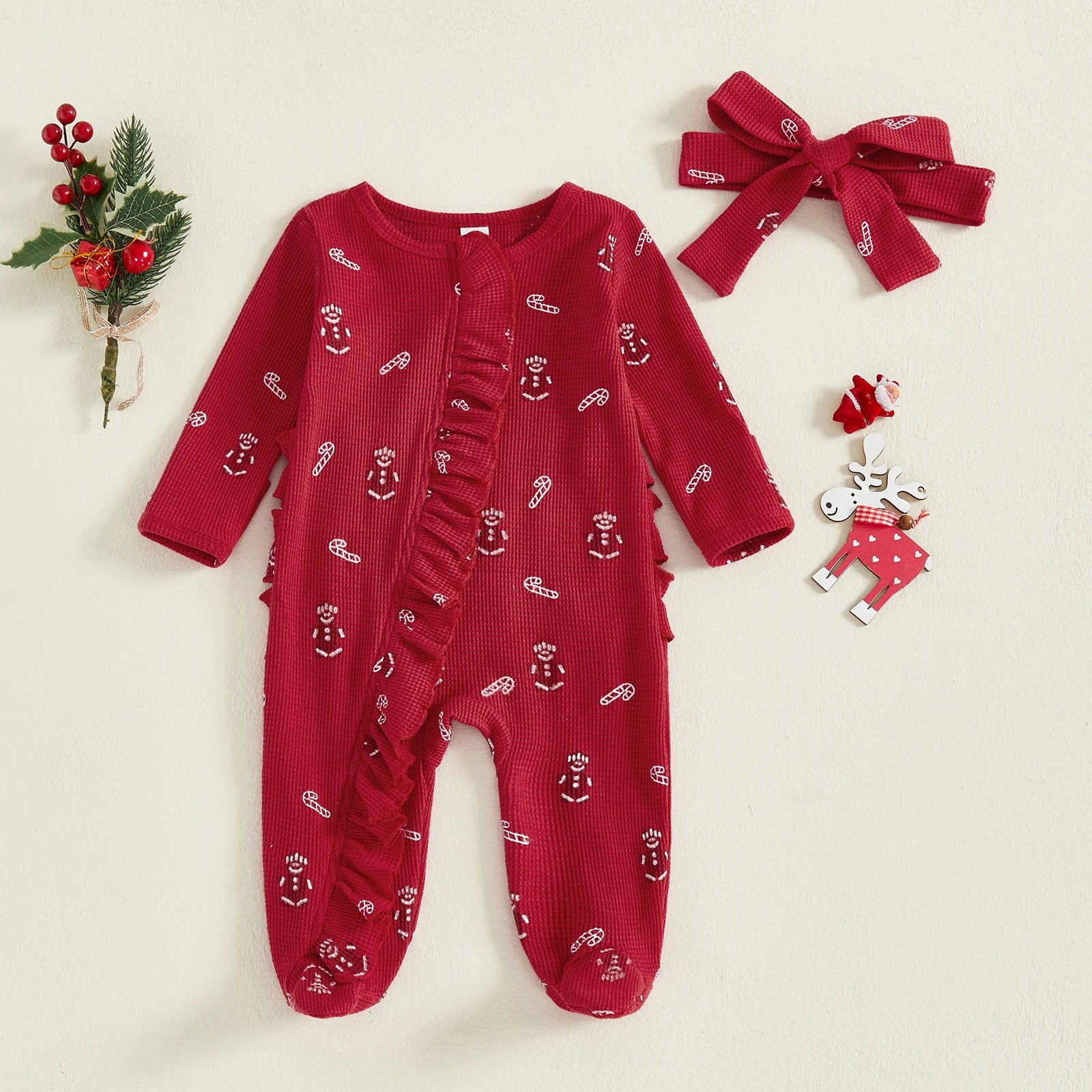GINGERBREAD MAN Waffle Knit Ruffle Jumpsuit