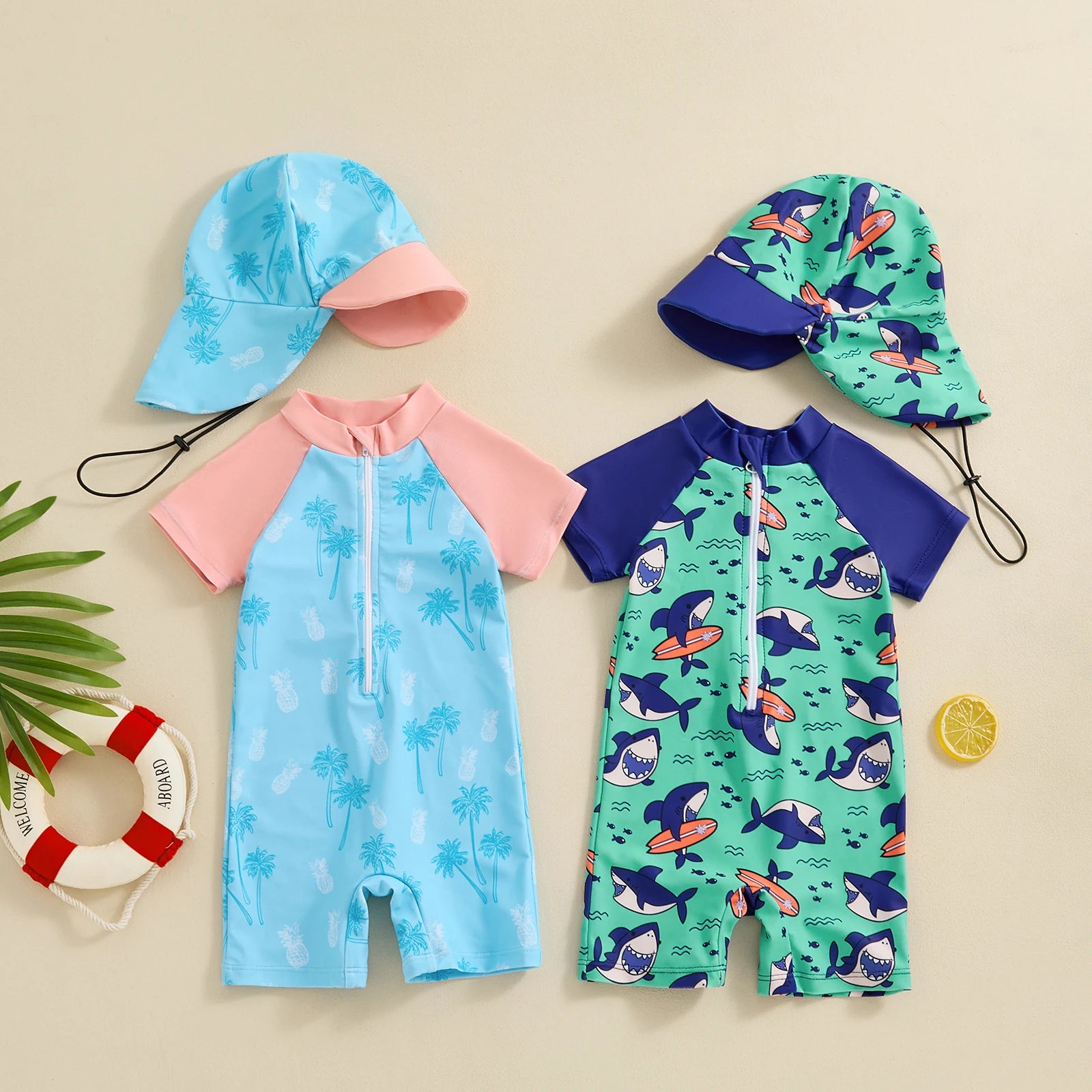 Fun in The Sun Swimsuit with Sun Hat Shark Prints 18 24 Months