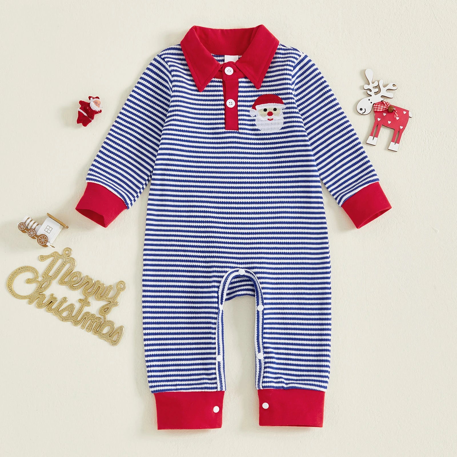 XMAS Striped Collar Jumpsuit