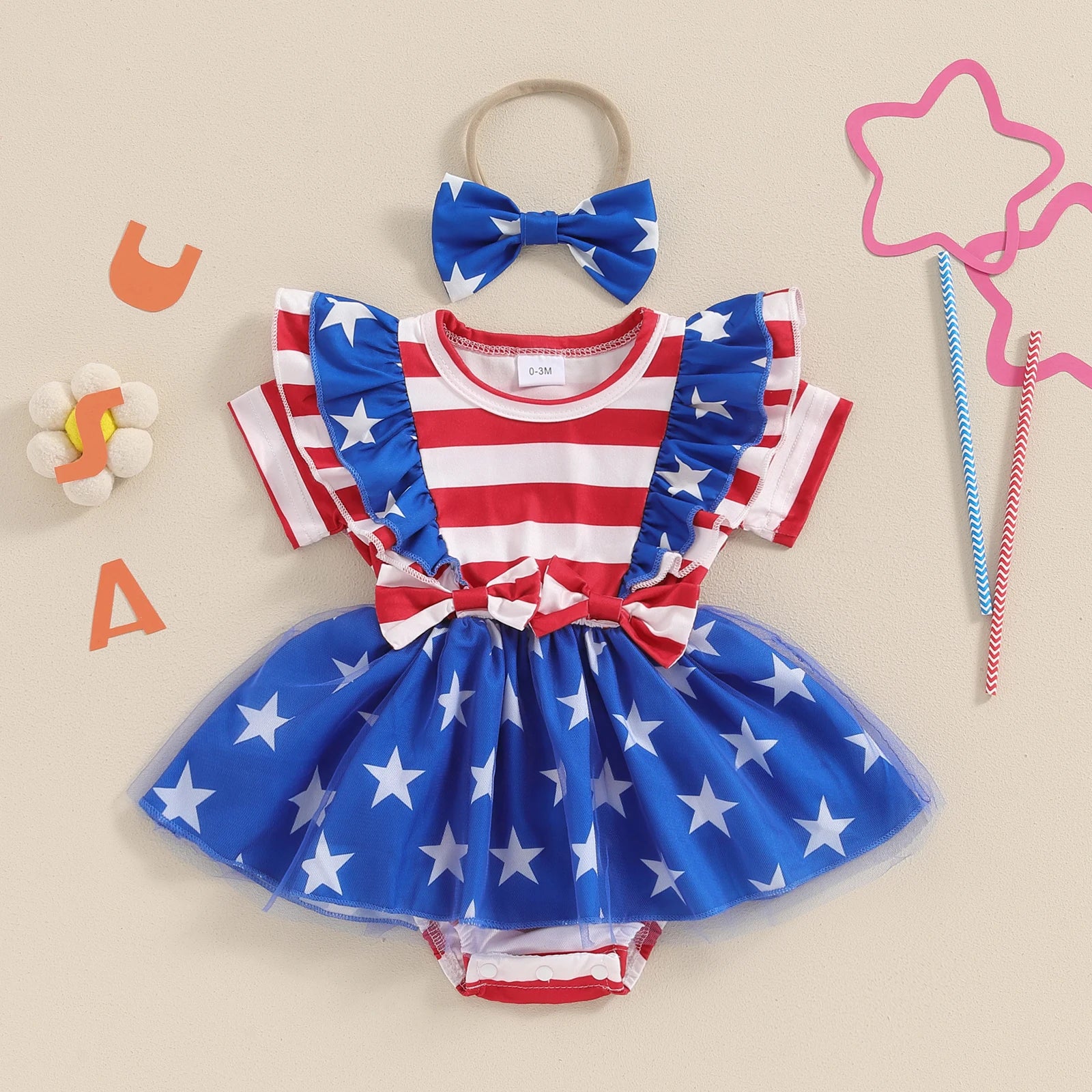STARS & STRIPES Ruffle Romper Dress with Headband