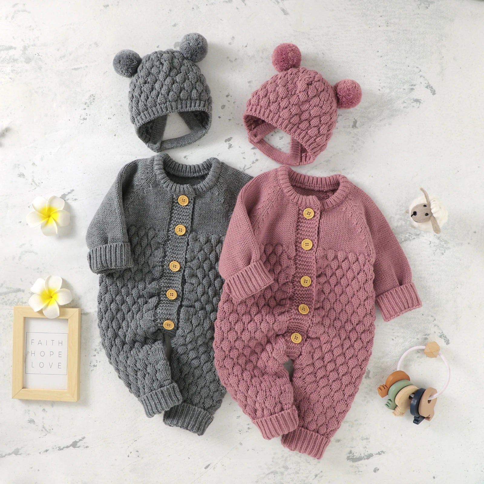 BABY BEAR Knitted Jumpsuit with Beanie