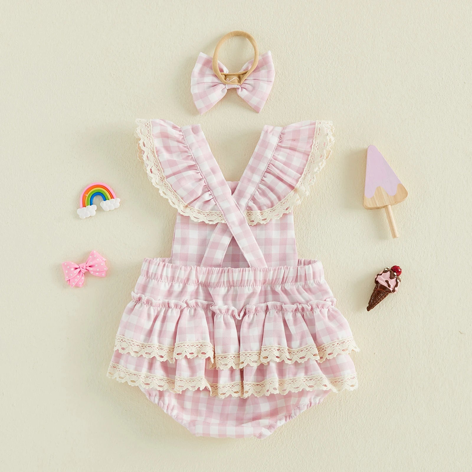 ICE CREAM Pink Checkered Romper