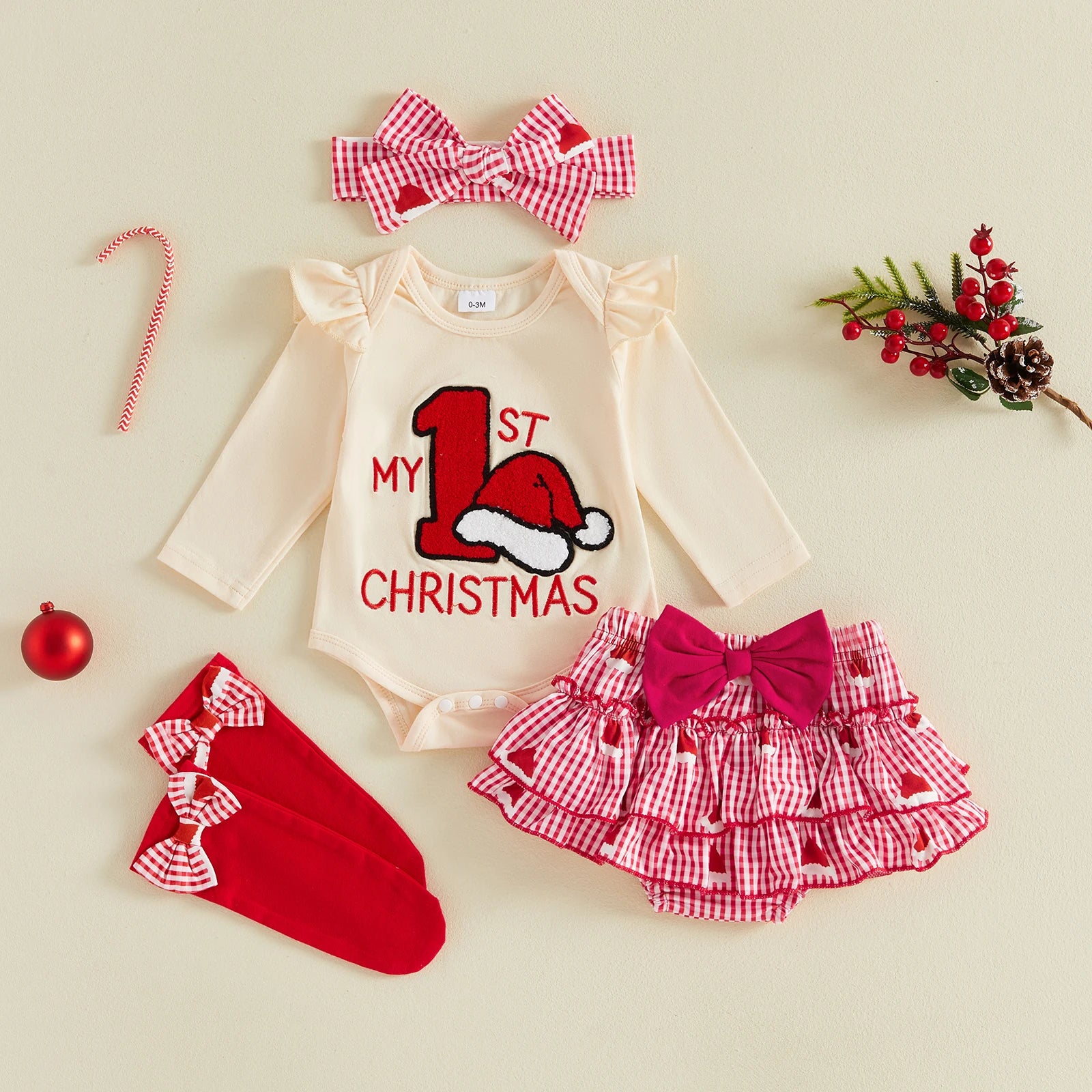 MY FIRST CHRISTMAS Checkered Layered Bloomers Outfit