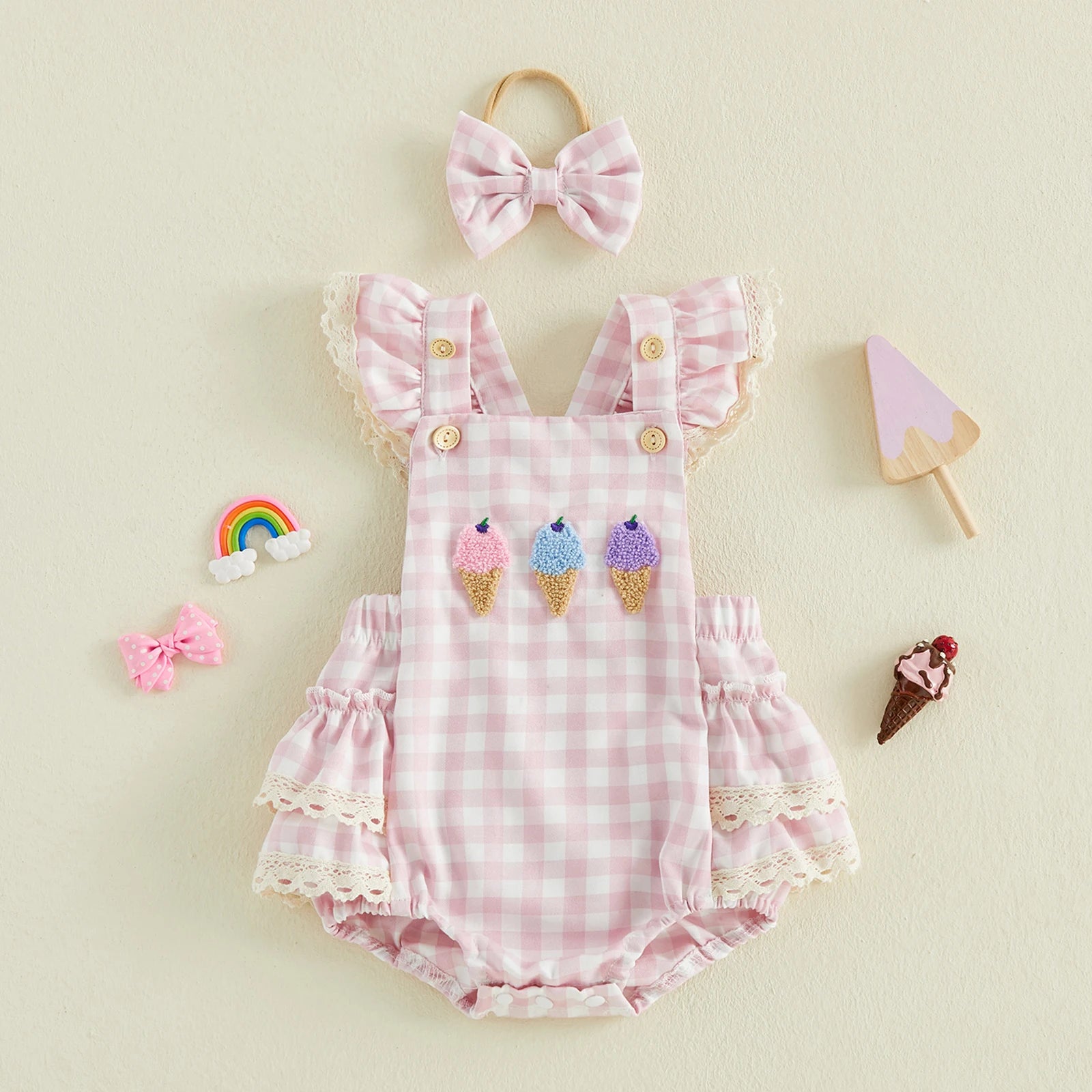ICE CREAM Pink Checkered Romper