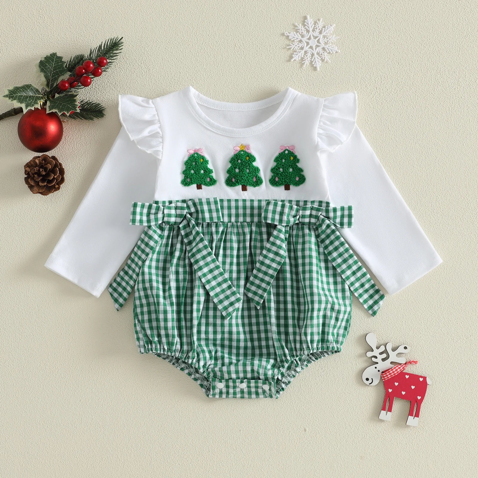 CHRISTMAS TREE Green Checkered Romper