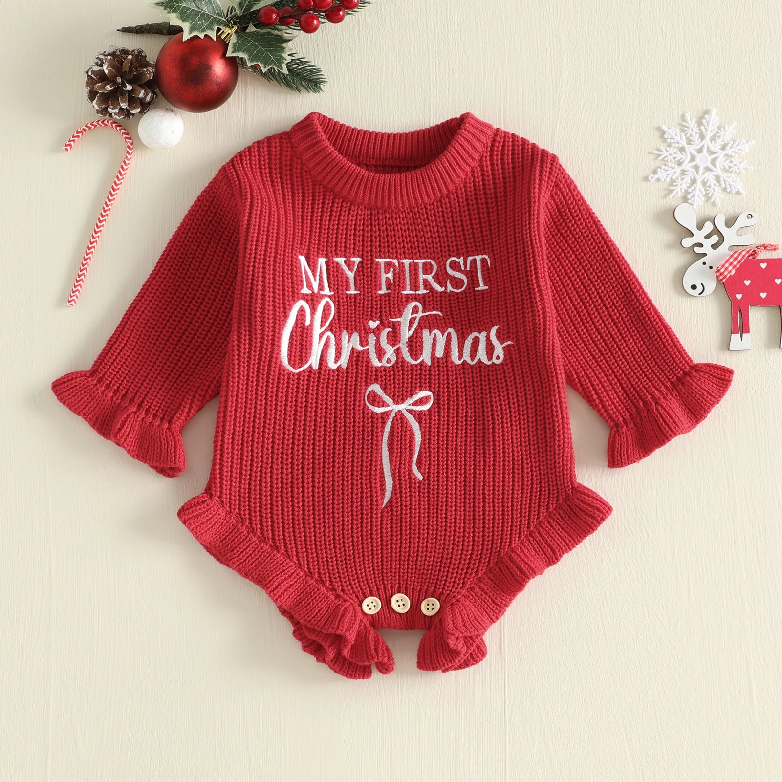 MY FIRST CHRISTMAS Knitted Ruffle Romper