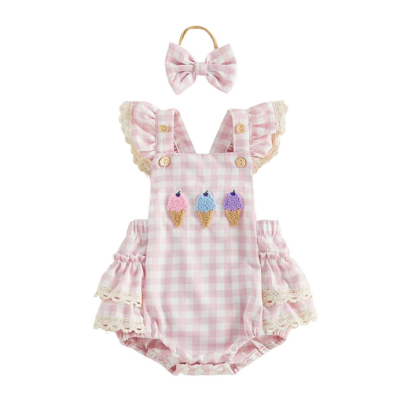 ICE CREAM Pink Checkered Romper