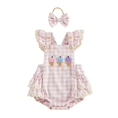 ICE CREAM Pink Checkered Romper