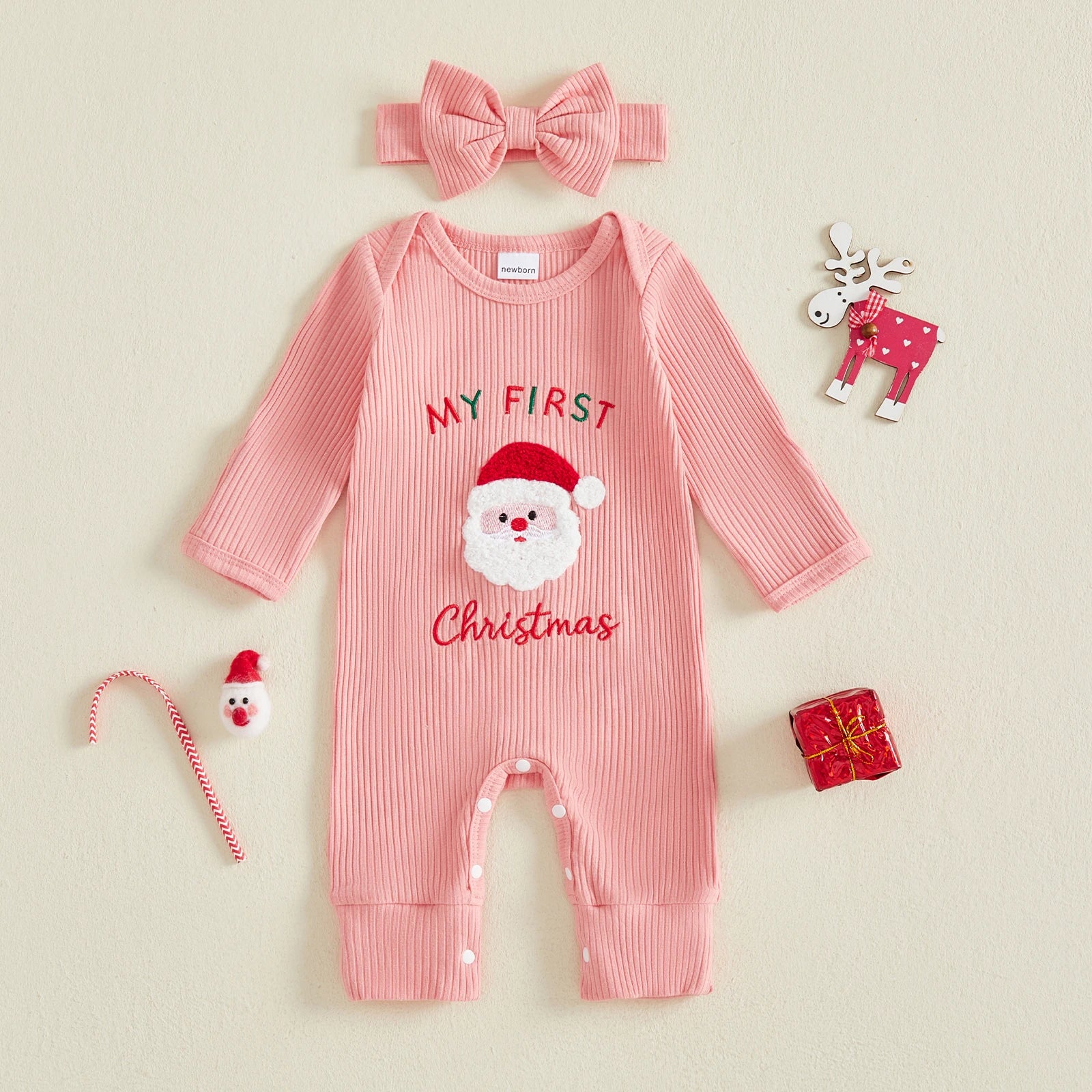 MY FIRST CHRISTMAS Pink Ribbed Jumpsuit