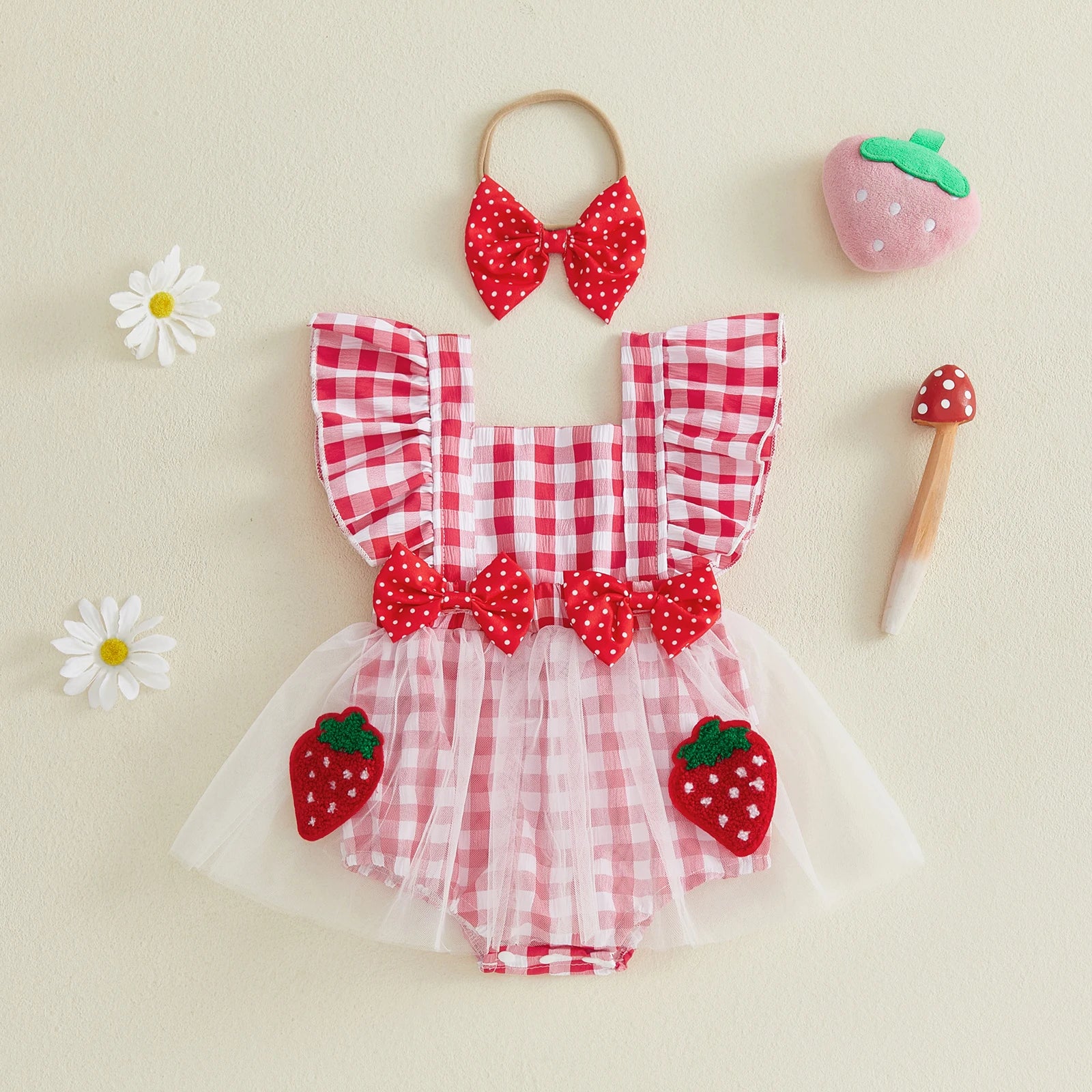 STRAWBERRY Tulle Bowtie Romper Dress