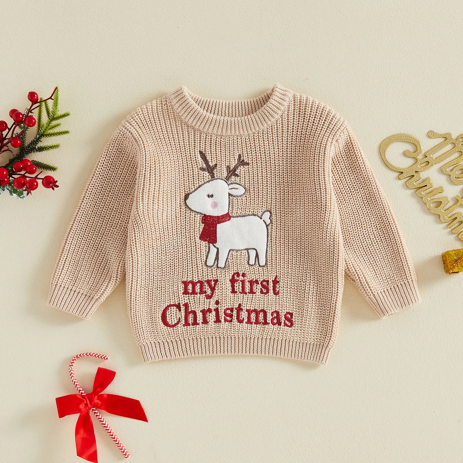 MY FIRST CHRISTMAS White Reindeer Knitted Sweater