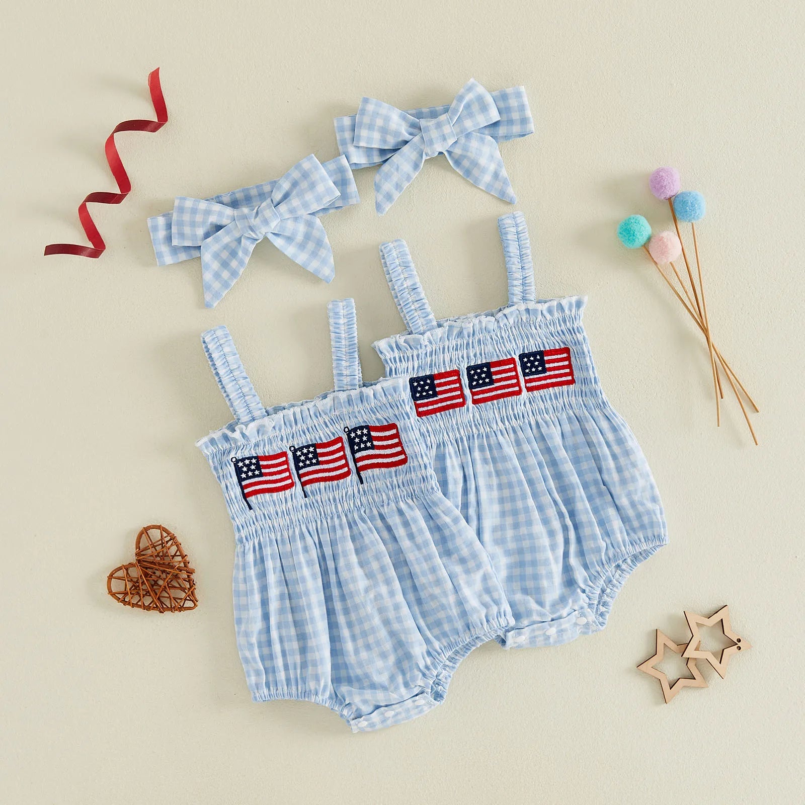 USA FLAGS Checkered Smocked Romper
