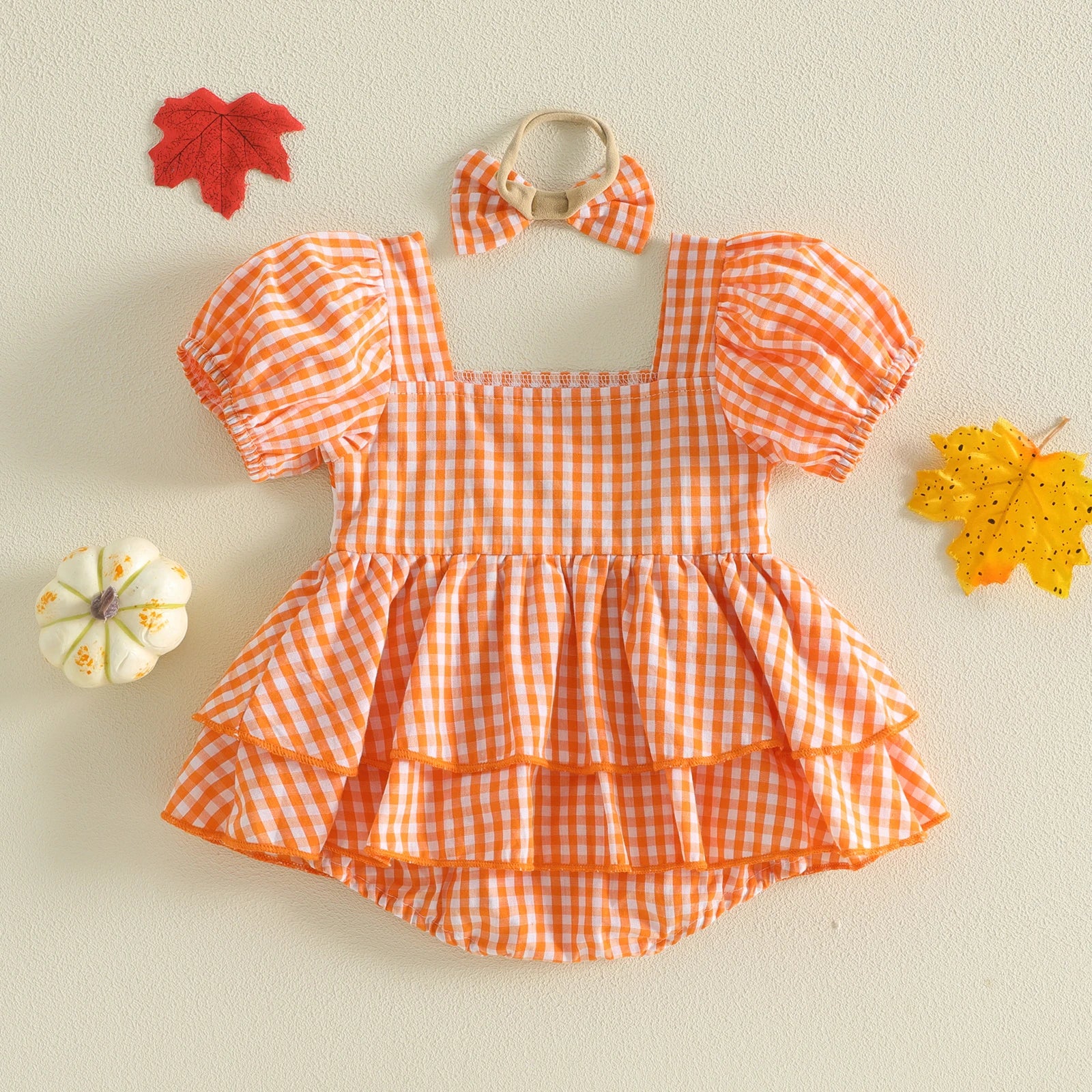PUMPKINS Checkered Romper with Headband