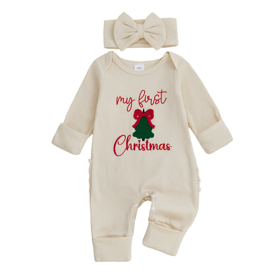 MY FIRST CHRISTMAS Waffle Knit Ruffle Jumpsuit