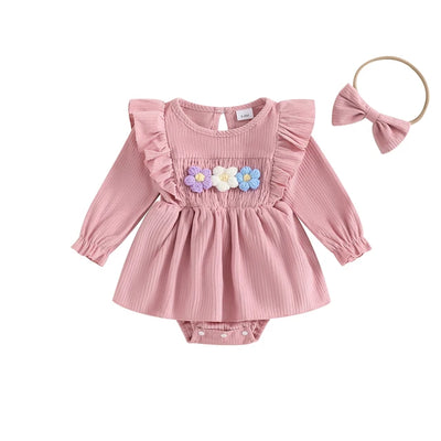 FLOWERS Ribbed Ruffle Romper Dress with Headband