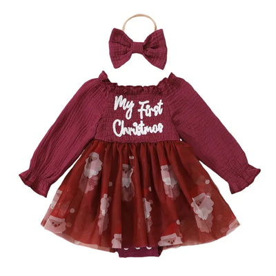 MY FIRST CHRISTMAS Smocked Tulle Romper Dress