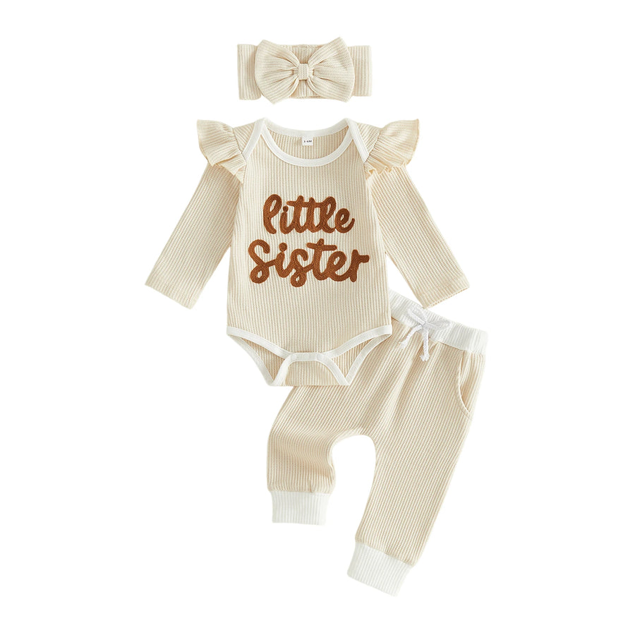 LITTLE SISTER Waffle Knit Ruffle Outfit with Headband