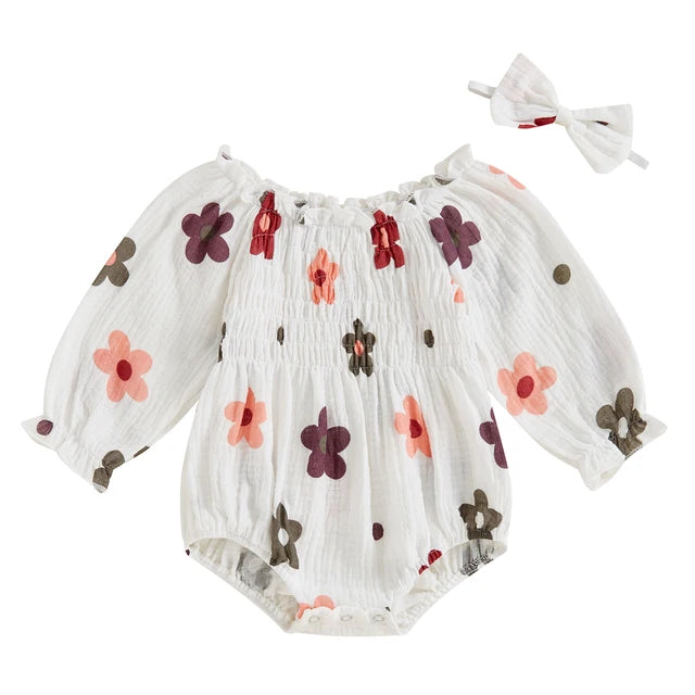 FLOWERS Smocked Romper with Headband
