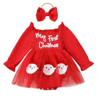 MY FIRST CHRISTMAS Smocked Tulle Romper Dress