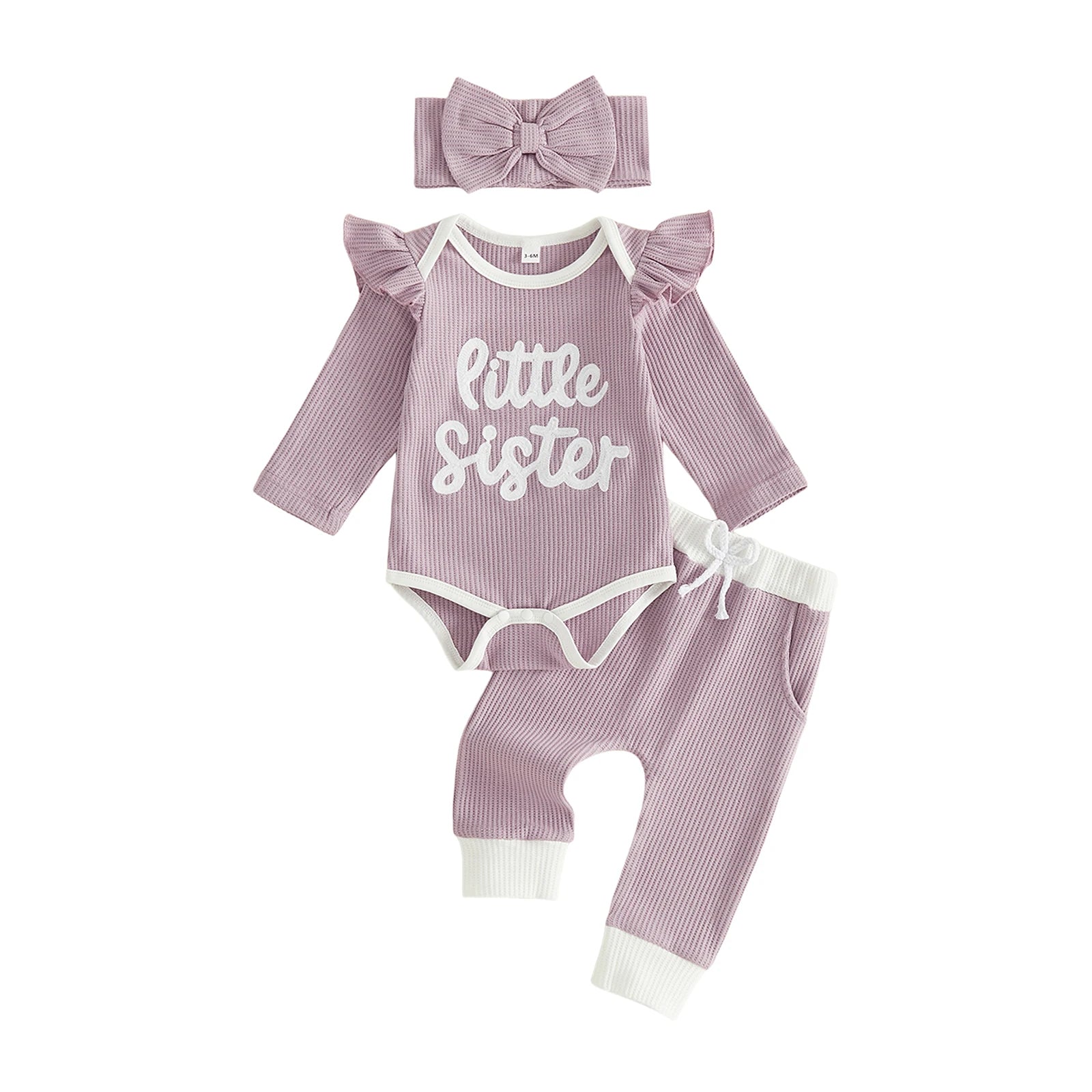 LITTLE SISTER Waffle Knit Ruffle Outfit with Headband