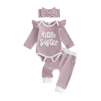 LITTLE SISTER Waffle Knit Ruffle Outfit with Headband