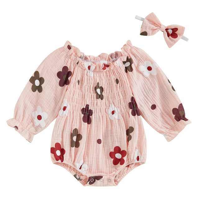 FLOWERS Smocked Romper with Headband