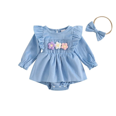 FLOWERS Ribbed Ruffle Romper Dress with Headband