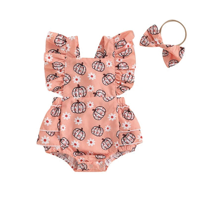 FLORAL PUMPKINS Ruffle Romper with Headband