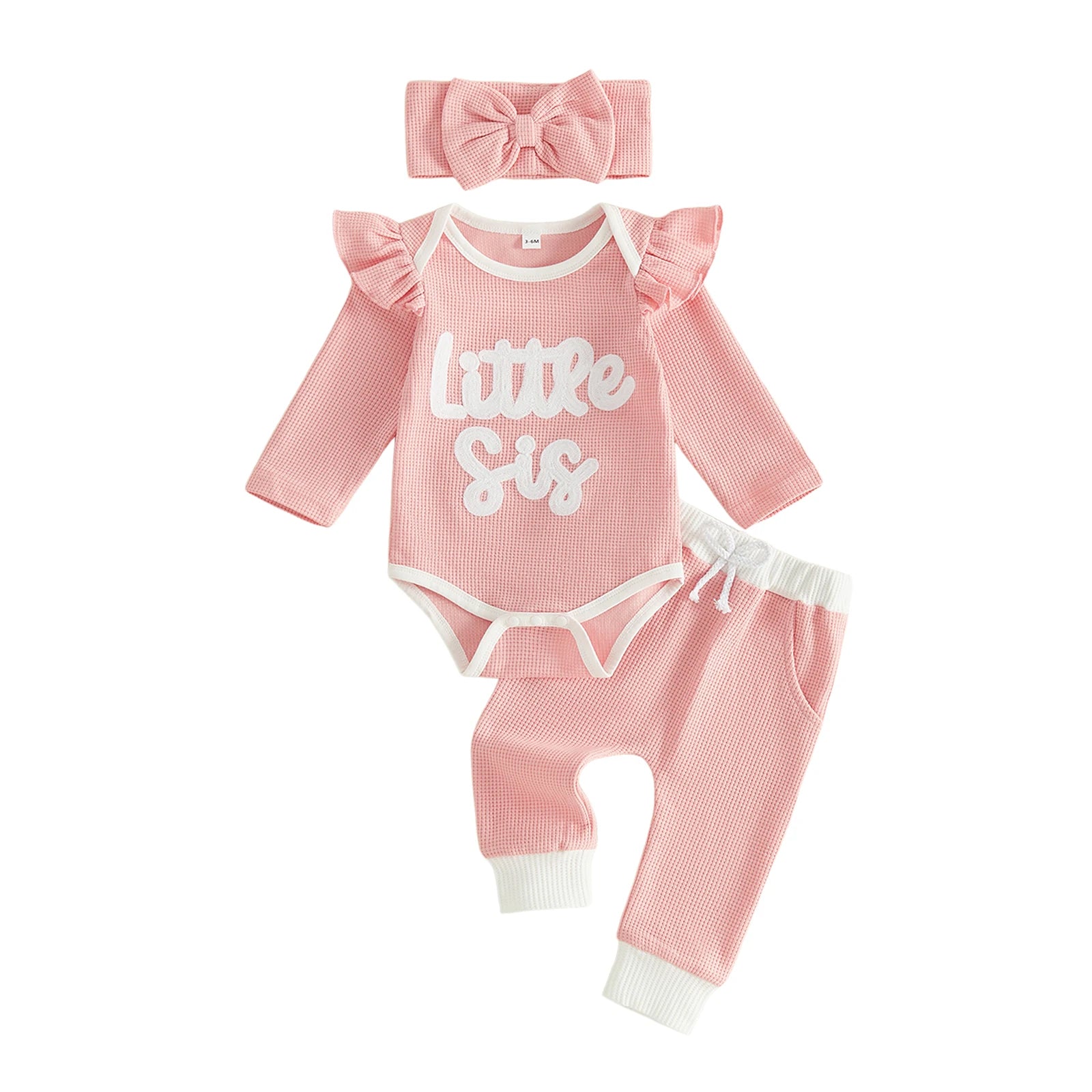 LITTLE SISTER Waffle Knit Ruffle Outfit with Headband