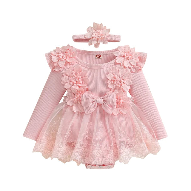 KIARA Crochet & Lace Romper Dress Pink / 0-3 months