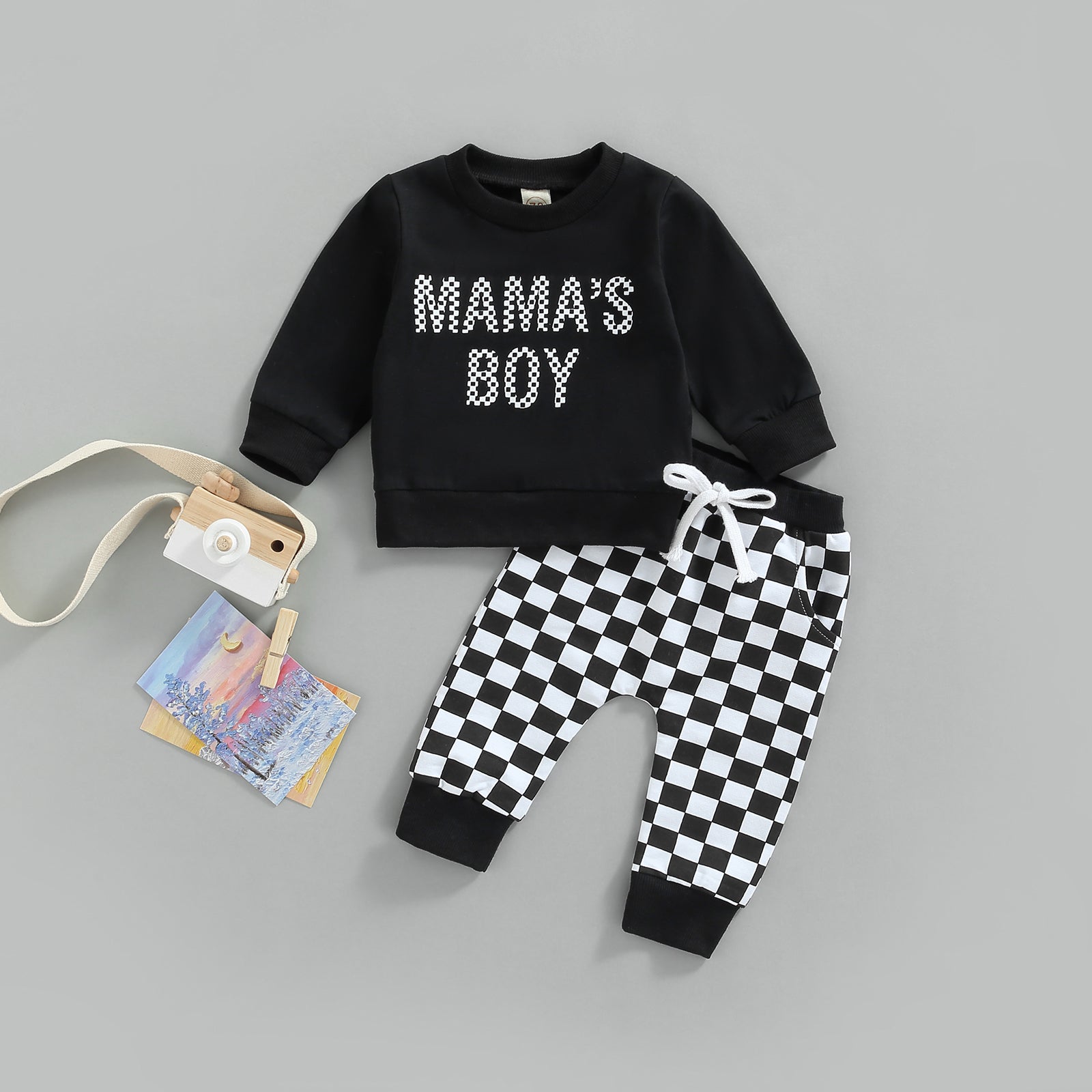 Spring Autumn Baby Infant Boy Outfit Set fashion Checkerboard