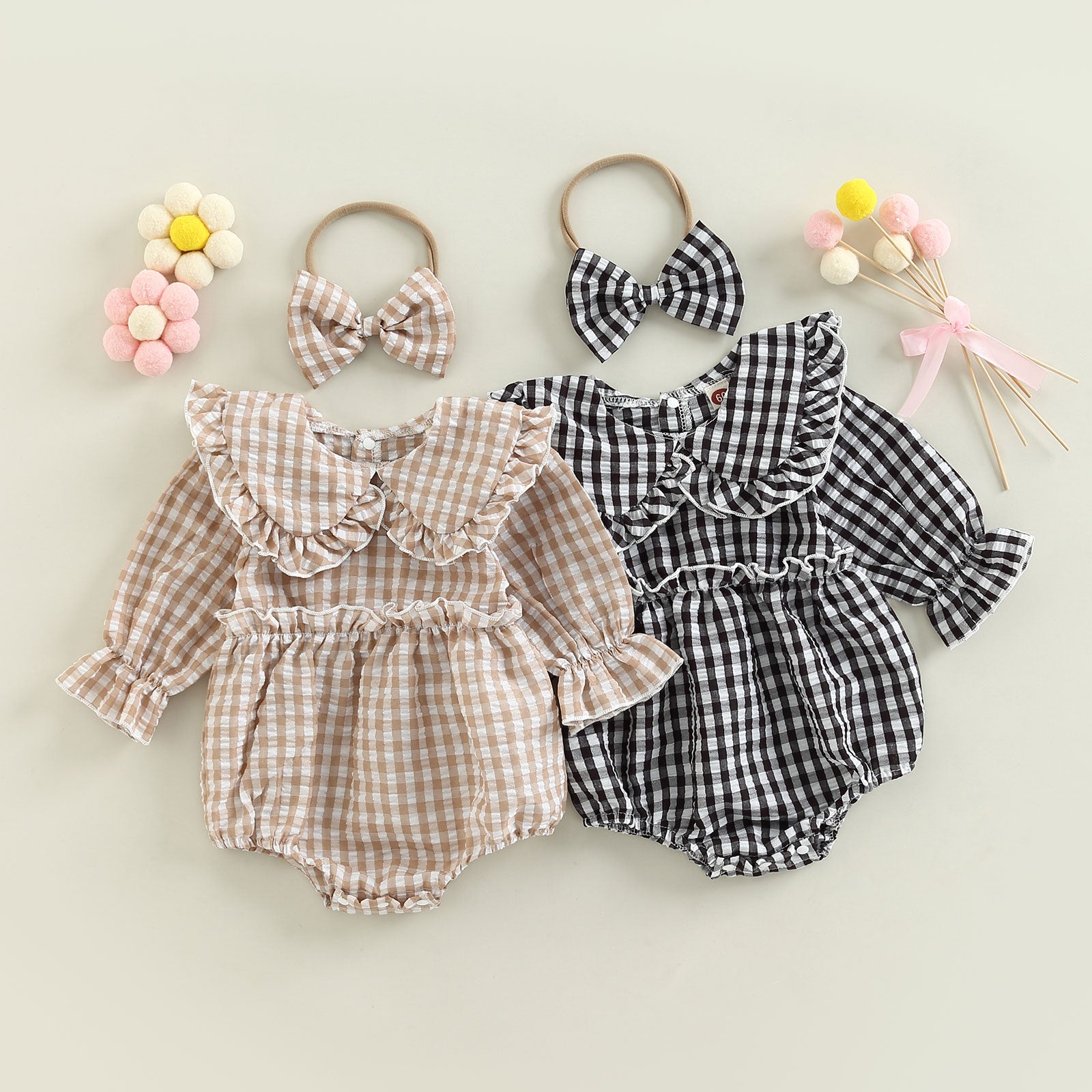 TILLY Checkered Ruffle Collar Romper with Headband