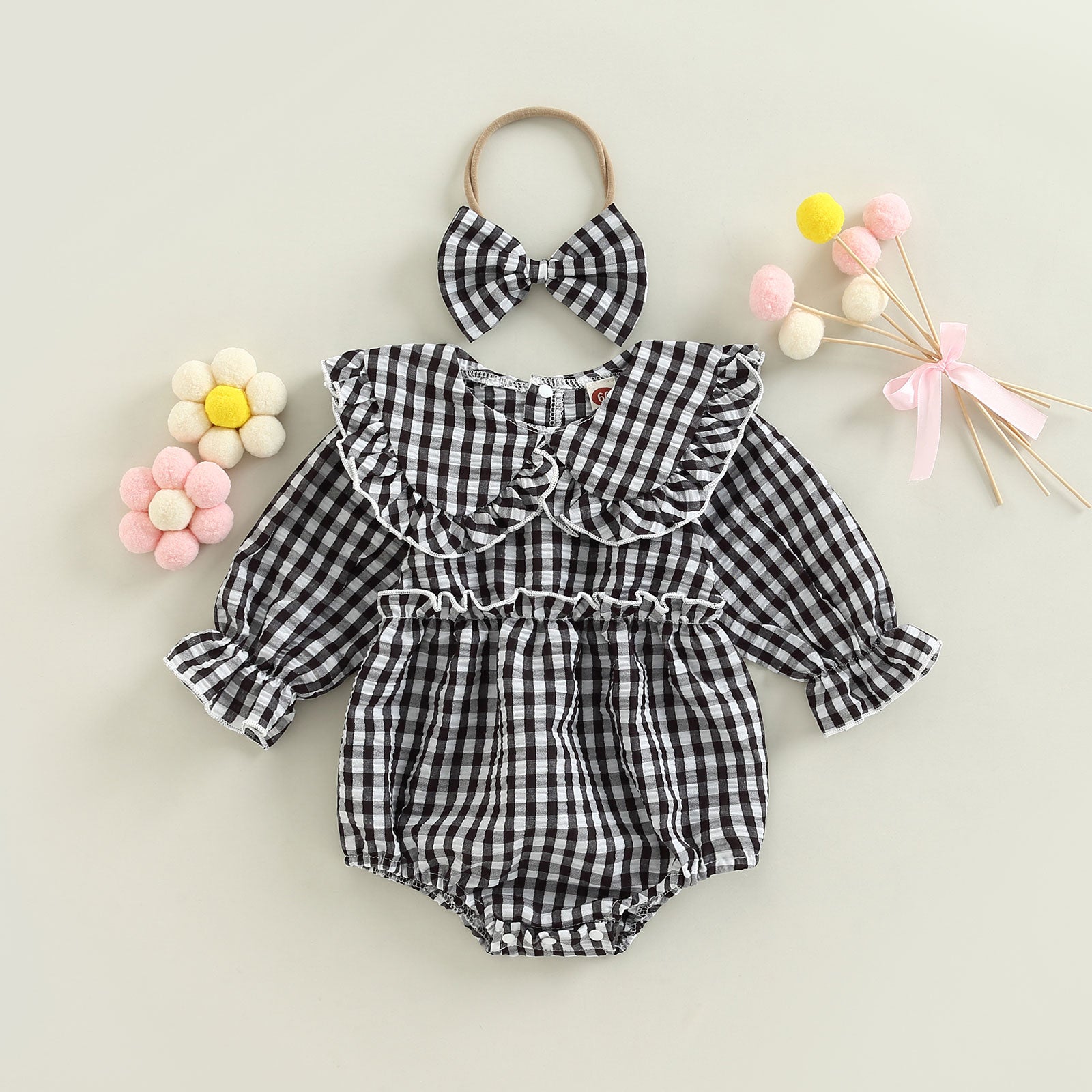 TILLY Checkered Ruffle Collar Romper with Headband