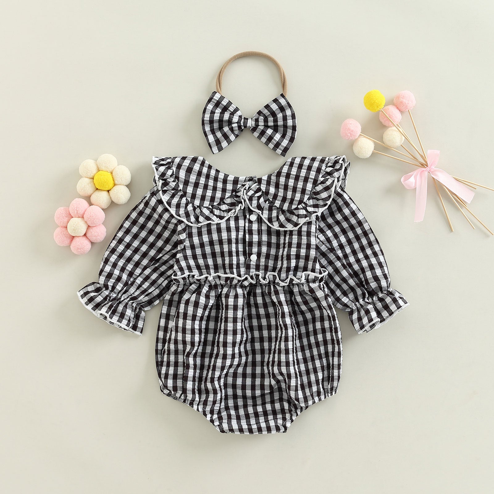 TILLY Checkered Ruffle Collar Romper with Headband