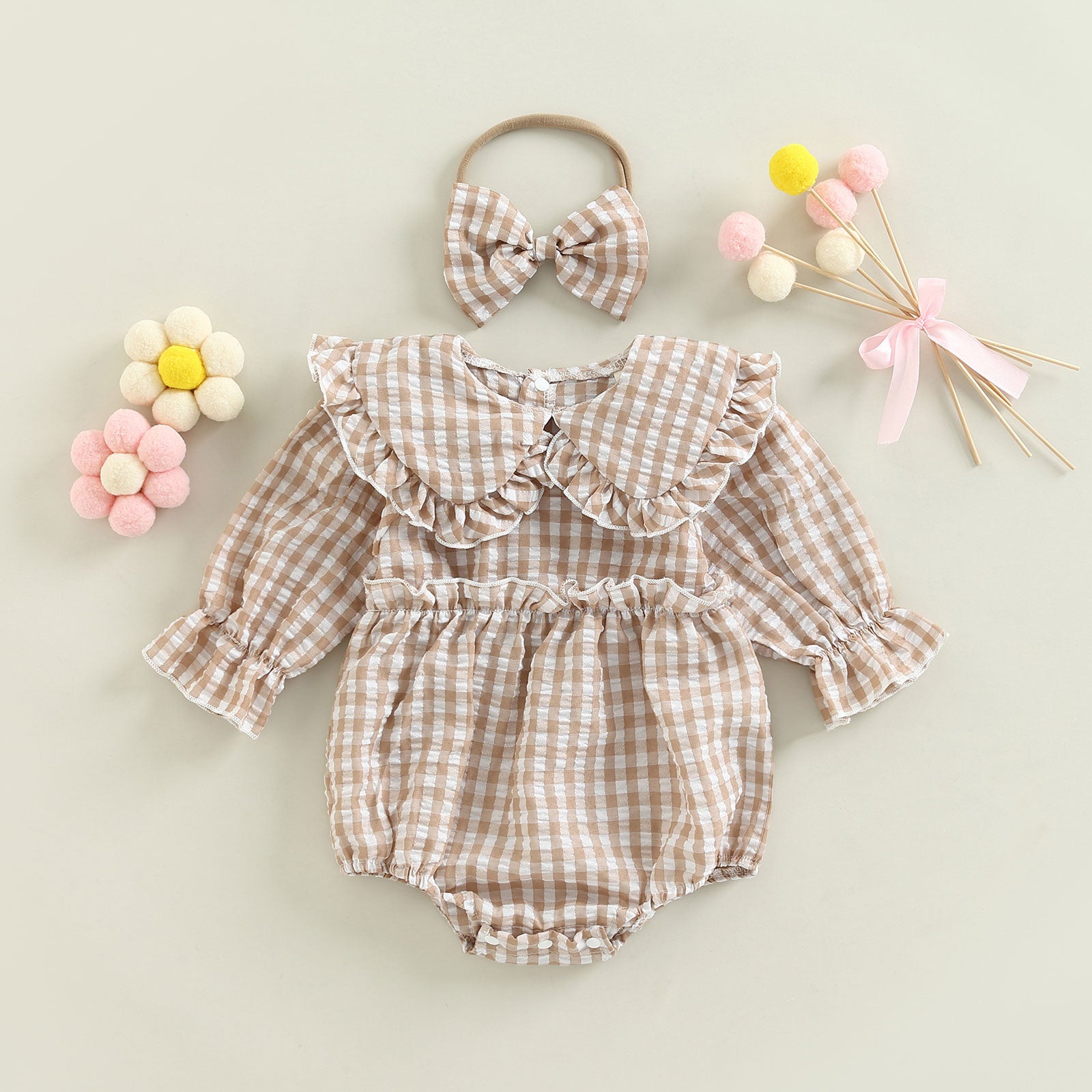 TILLY Checkered Ruffle Collar Romper with Headband