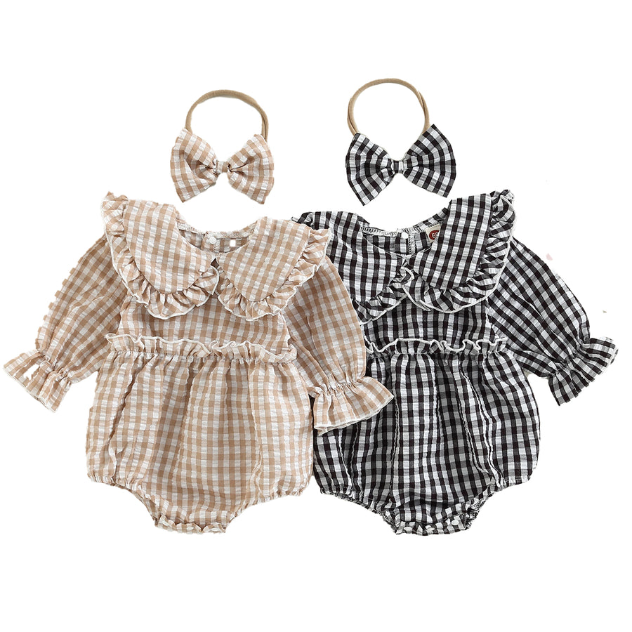 TILLY Checkered Ruffle Collar Romper with Headband
