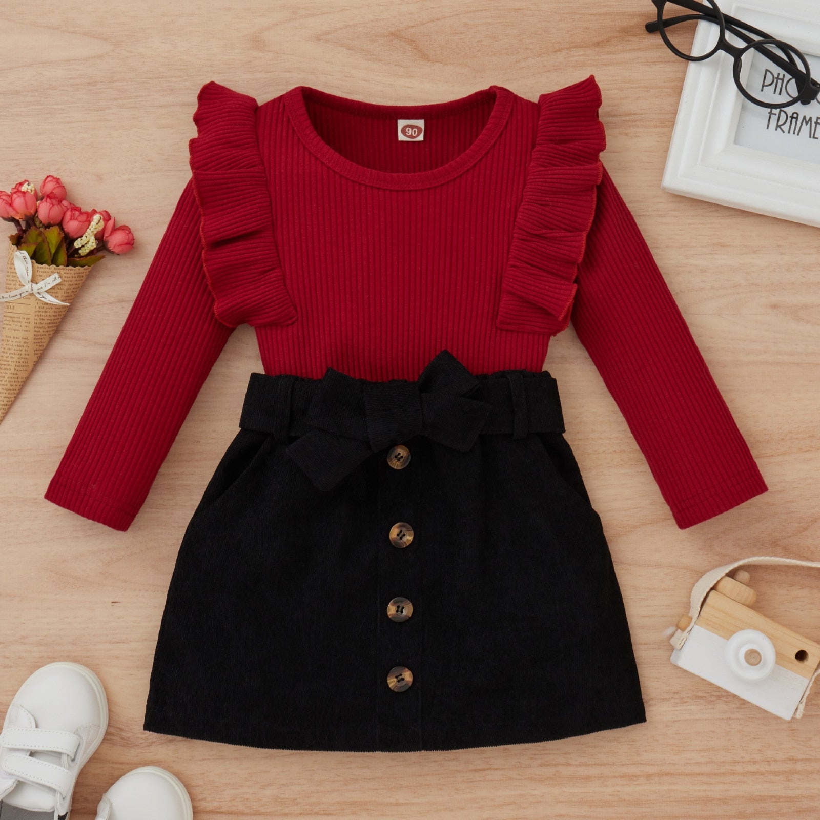 Maeve Corduroy Skirt Outfit Red Top Black Skirt 2 3 Years
