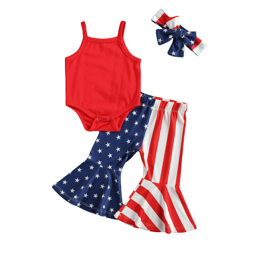 4th of July Outfit Toddler Girls Bell Bottoms Outfits One Shoulder Tank  Tops Leggings Flare Pants Kids USA Clothes