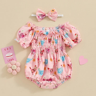 CHICKENS Pink Romper with Headband