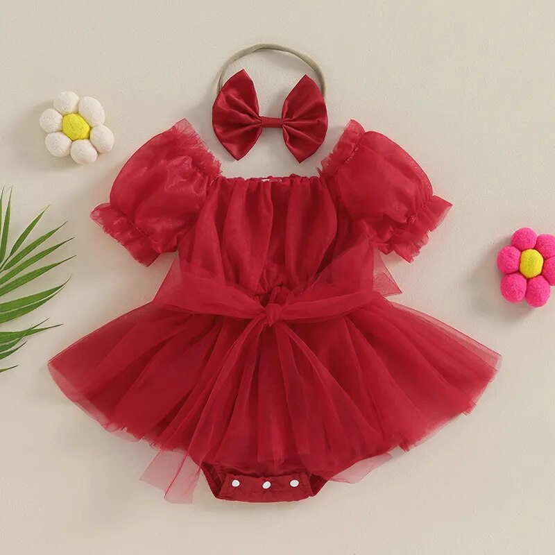Josephine Tulle Romper Dress with Headband Red / 18-24 Months Josephine Tulle Romper Dress with Headband Red / 18-24 Months