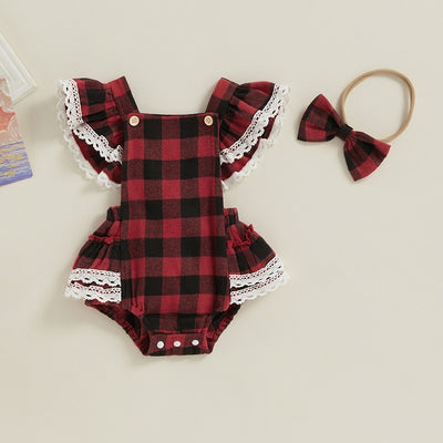 LISBETH Plaid Crochet Ruffle Romper with Headband