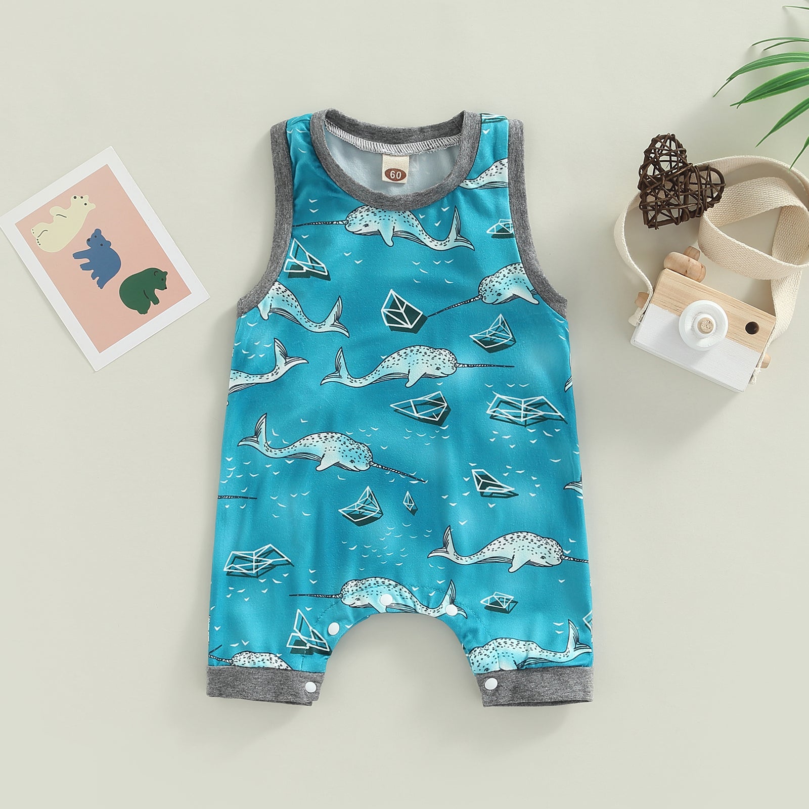Baby Boy Bear Cute Print Sleeveless Jumpsuit, Infant Newborn
