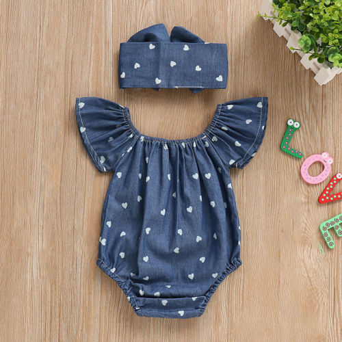 POLKA HEART Blue Romper with Headband