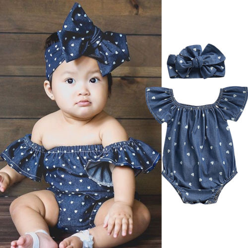 POLKA HEART Blue Romper with Headband