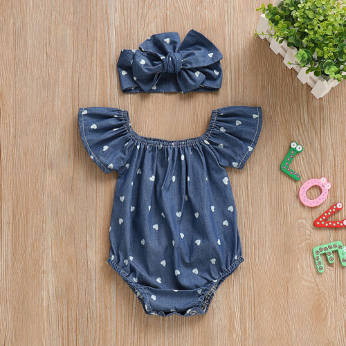 POLKA HEART Blue Romper with Headband