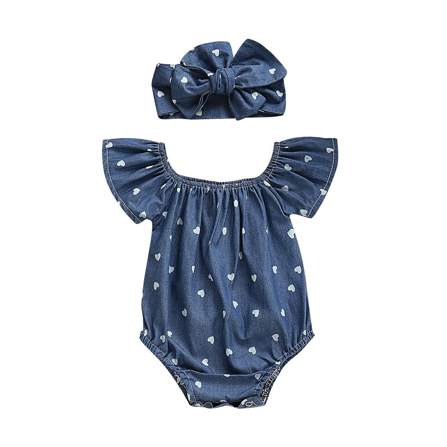 POLKA HEART Blue Romper with Headband
