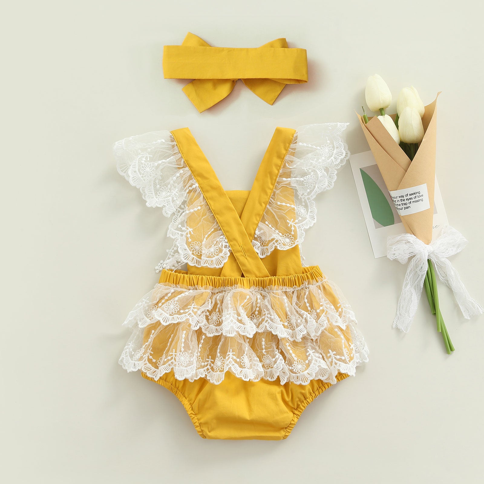 Shop the Aylina Scalloped Lace Romper Floral Yellow
