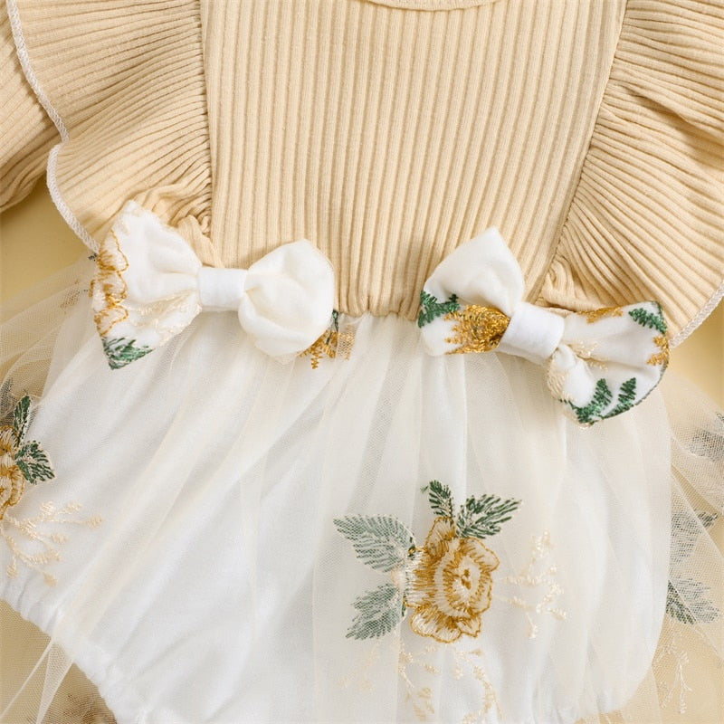 embroidered romper dress Hand Embroidered Floral Baby Girl Romper Dress Custom Name Knit Outfit, Newborn Gift Cream / 6-12m
