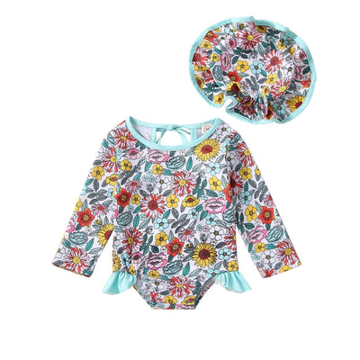 FLOWER Long-Sleeve Swimsuit with Sunhat
